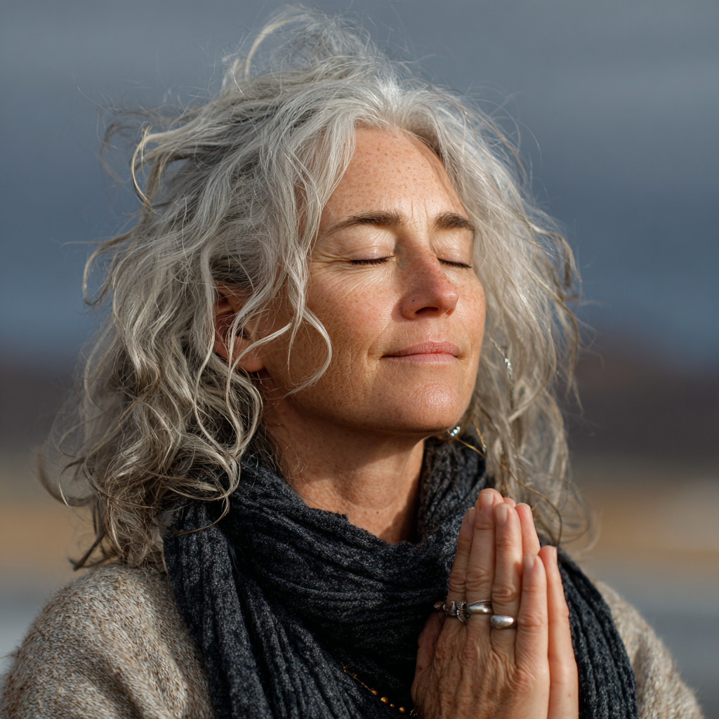 Femeie de 55 de ani practicând yoga în poziție de meditație, cu părul argintiu și o expresie liniștită pe un fundal natural