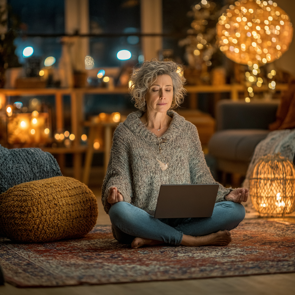 Femeie de 58 ani practicând yoga acasă urmărind o lecție online pe tablet, în living-ul său confortabil