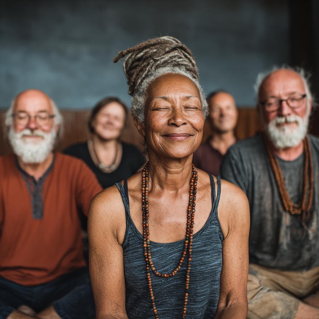 Grup divers de adulți între 50-60 ani savurând un moment de relaxare după o sesiune de yoga, cu zâmbete de mulțumire și pace